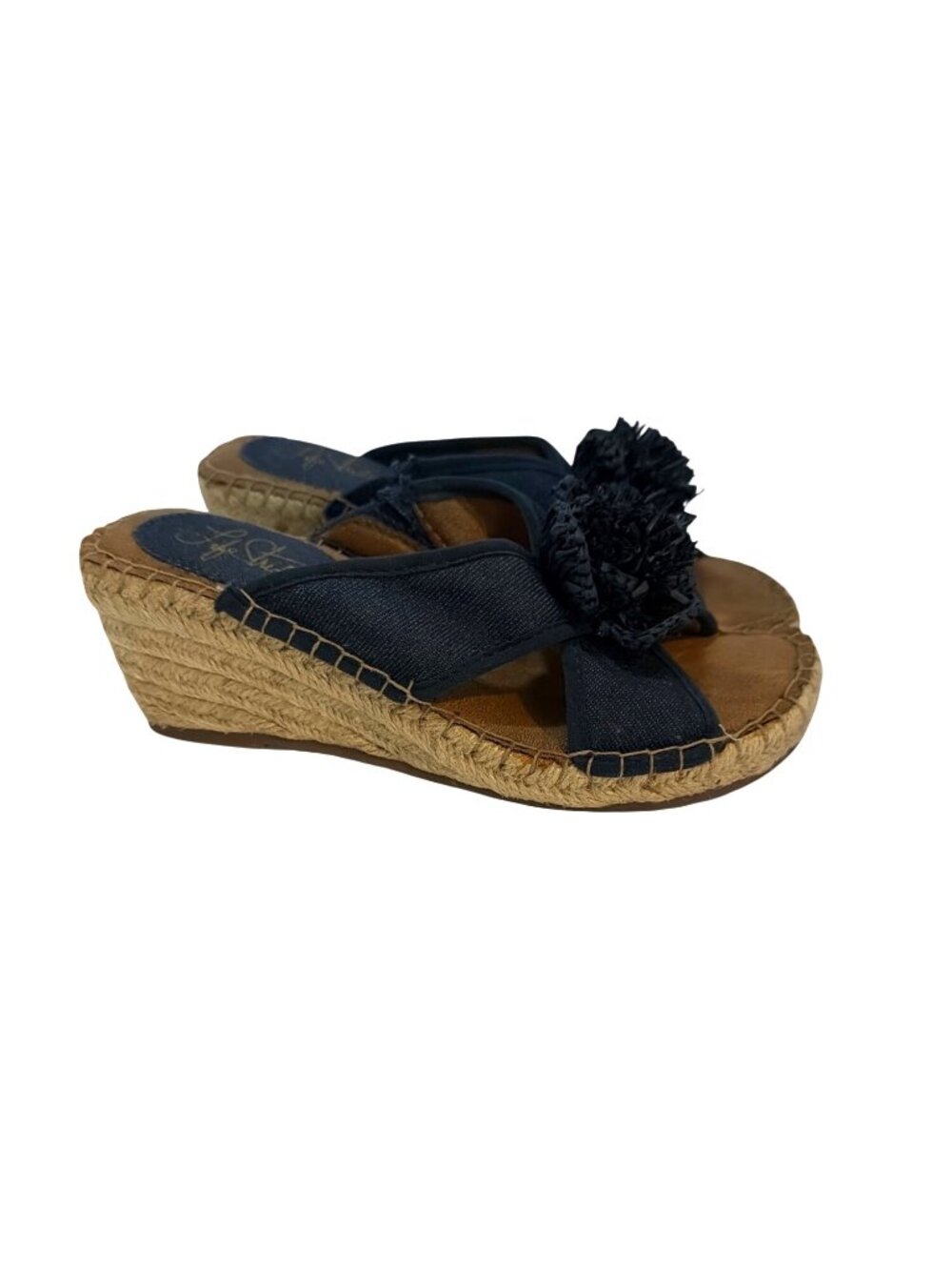 Denim Wedge Espadrille Sandals With Floral Accent Size 5.5M - Picture 2 of 6